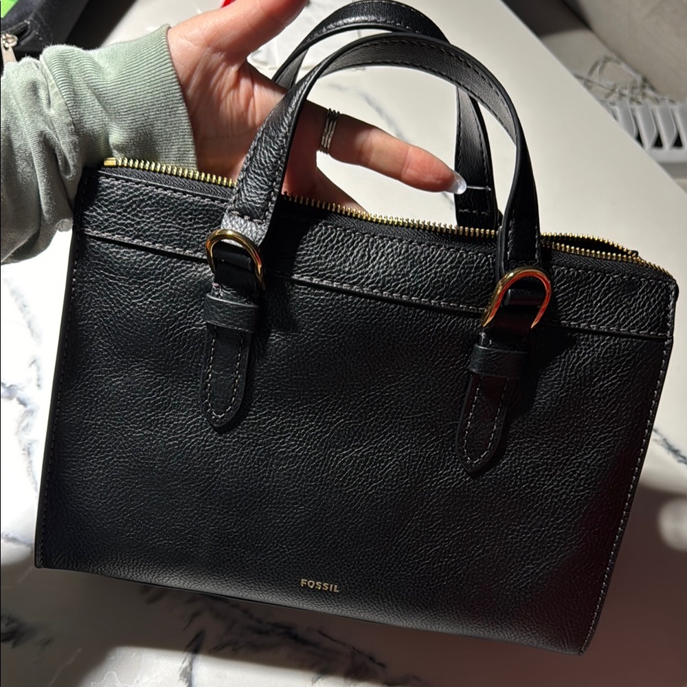 Fossil Black and Gold Leather Briefcase with Structured Design